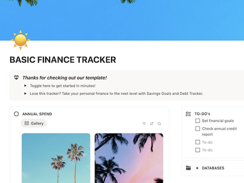 Basic Finance Tracker Notion template dashboard