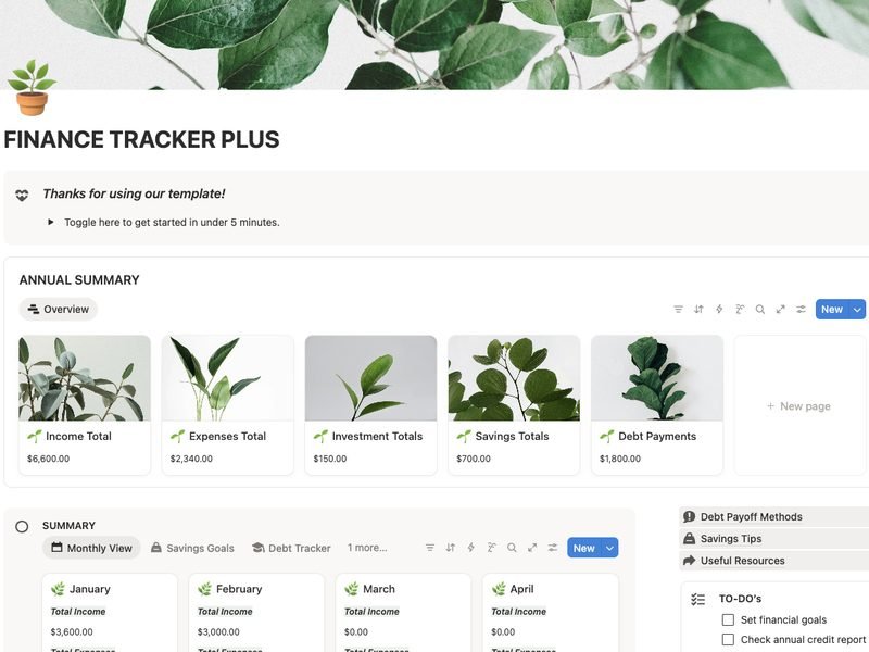 Finance Tracker Plus Notion template with savings goals and debt tracker